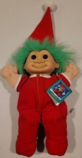 Vtg Russ Christmas Troll Doll 2338 Santa Hat Pajamas Green Hair 12" Soft Body