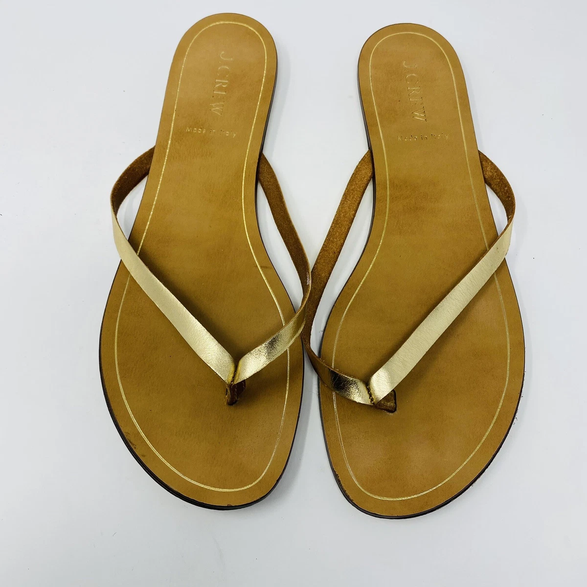 J. Crew Size 9 Leather Thong Flip Flops Sandals Gold Metallic Made
