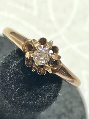 14K massives Gold antiker viktorianischer 0,10 Karat Minenschliff Diamant Ring Größe 7,25+