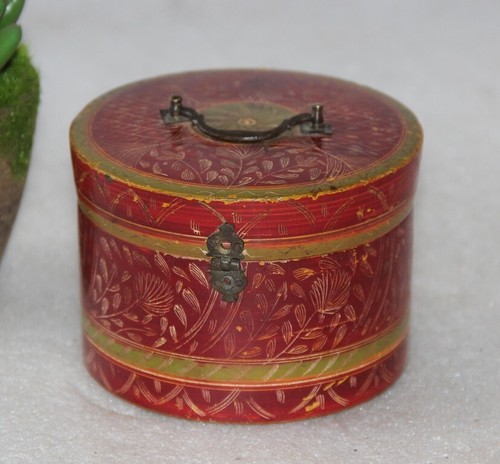 Antique Wooden Lacquerware Box Original Old Hand Carved Lacquer Painted 13634 - Picture 4 of 7