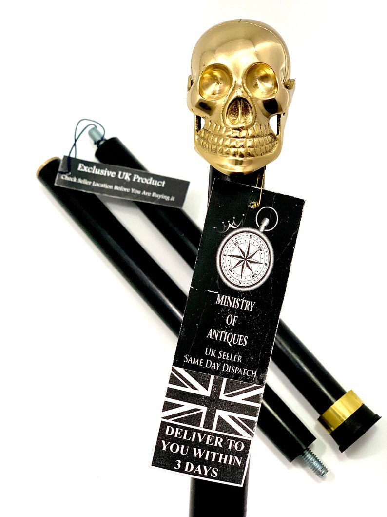 Antique Brass Solid Skull Design Head Handle Blac… - image 5