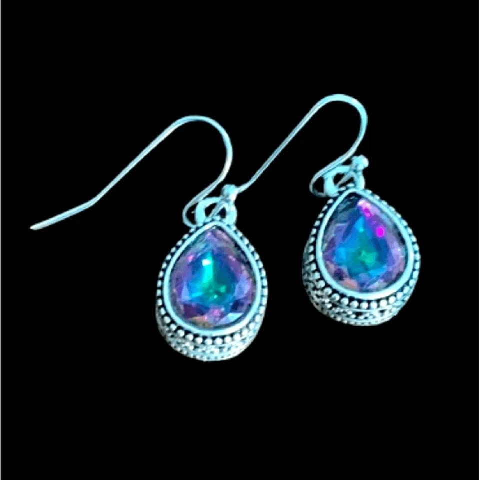 Pendientes lágrima de vidrio prisma helado, cristal iridiscente, estilo boho balinés Foto 2 de 4