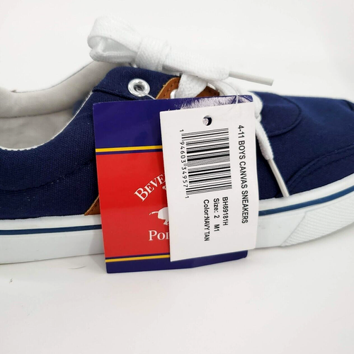 Beverly Hills Polo Club Boys Canvas Sneakers Navy Tan Lace Up Casual Size 2 New - Picture 7 of 9