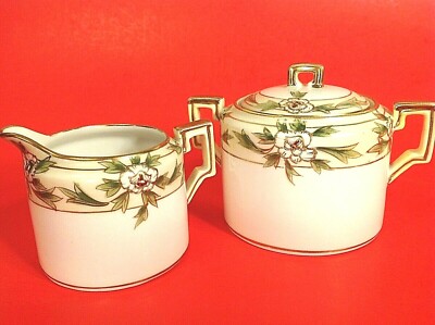NIPPON CREAMER & SUGAR HAND PAINTED 1912 MAKURI GREEN GOLD FLOWERS ANTIQUE