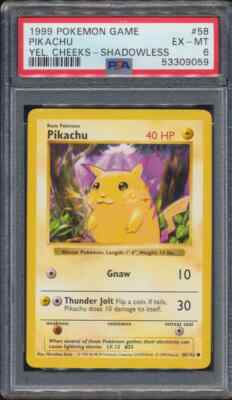 ポケモンカード　Pikachu shadowless シャドーレス　psa 1999 Pokemon Base SHADOWLESS Pikachu #58 Yellow Cheeks PSA 6 DEAD