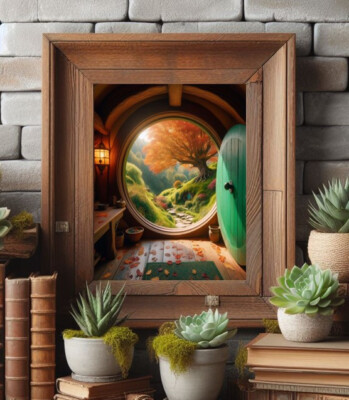 Hobbit Shire Green door Lord of the rings  Hobbiton Autumn Tree leaves Art print