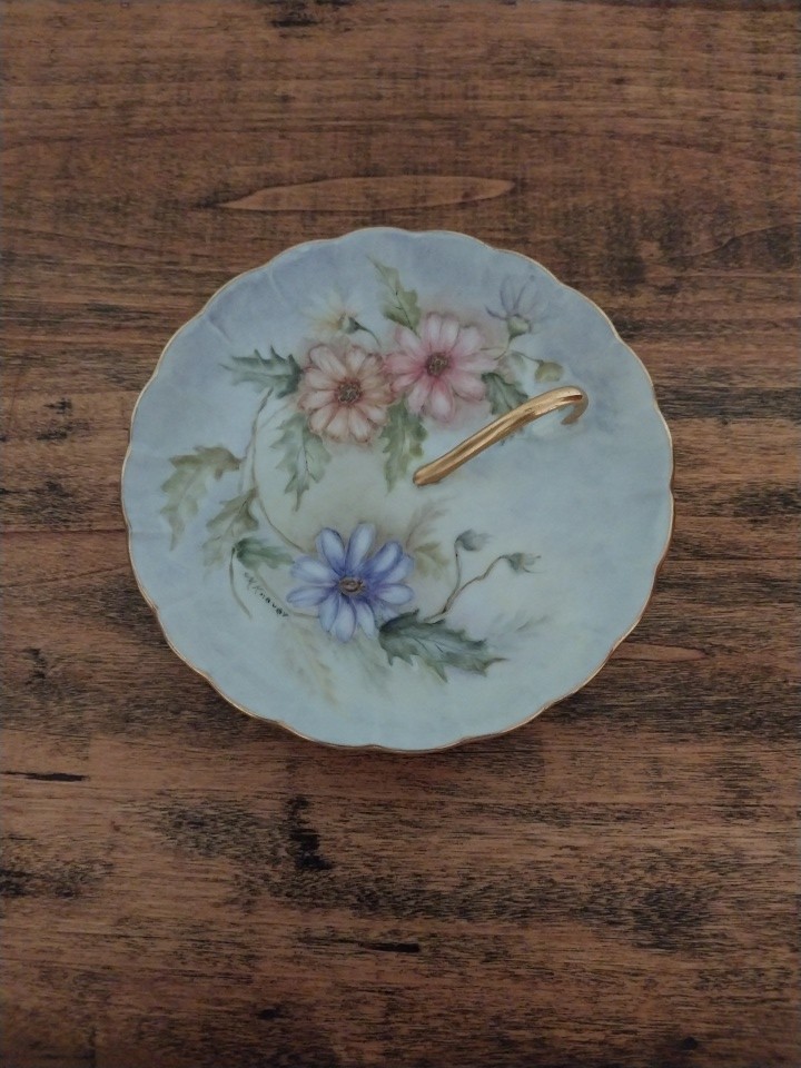 Porcelain Hand Painted Signed Trinket Dish Gold Handled Pink Blue Yellow Flowers