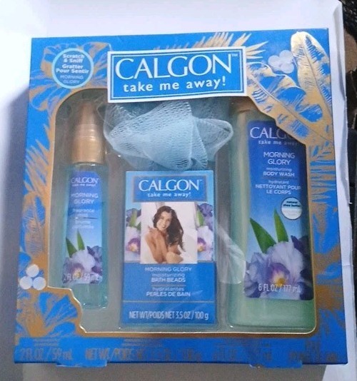 Calgon Take Me Away Morning Glory Gift Set Body Wash Mist Bath Beads Sponge 