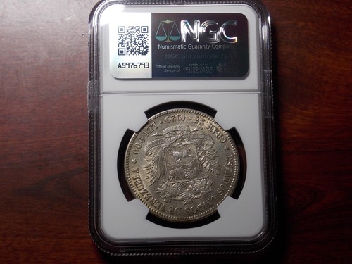 1929 Venezuela 5 Bolivares large silver coin NGC AU-58 - Picture 3 of 8