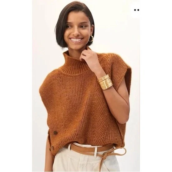 Anthropologie Mock Neck Side Button Poncho Sweater Camel Brown One Size Layering