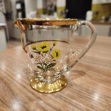 Schönes Vintage Klarglas Milch Sahnekännchen gelb Blumenmuster