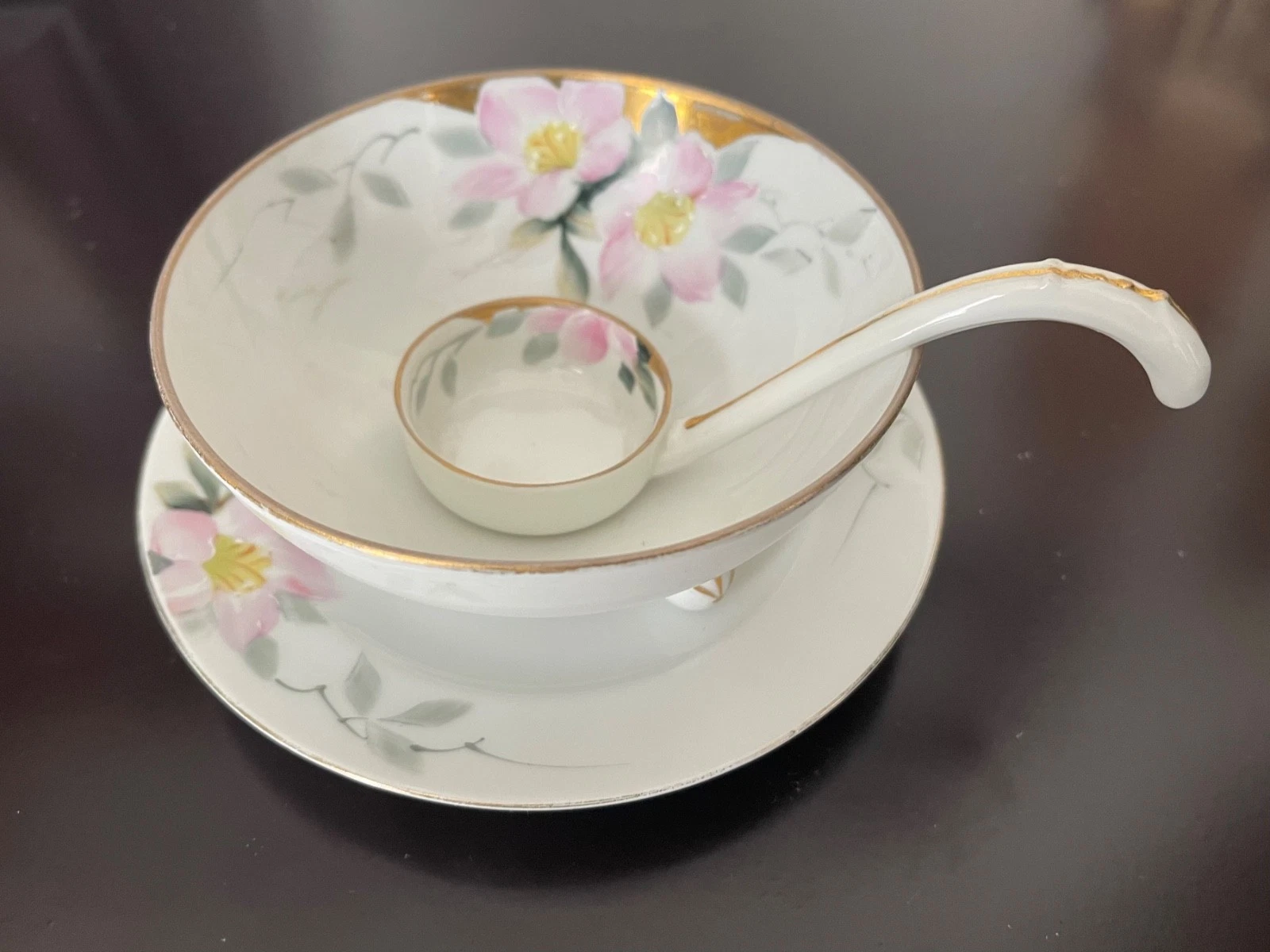Noritake Condiment Bowl With Under Plate and Serving Ladle Azalea Floral Pattern