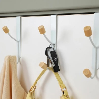 1/2 Stück über Tür Haken Aufhänger Metall Kleidung Handtuchhalter mit Holzenden weiß