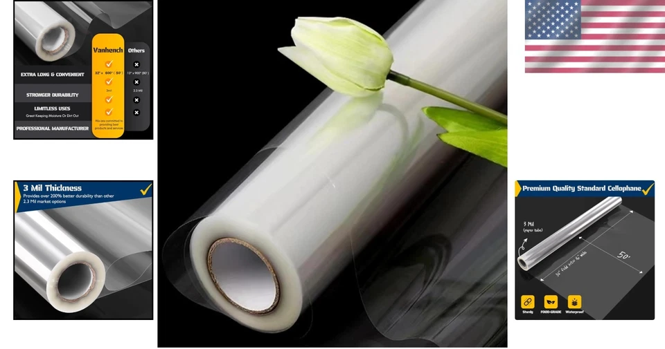 Rollo envolvente de celofán transparente 32x50 pies 3 mil cesta de regalo envoltura de flores para manualidades Foto 2 de 4