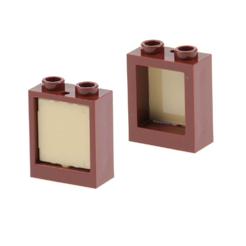 2X Lego Window Frame 1X2X2 Red Brown Pane Beige 42626 60601 60592C05