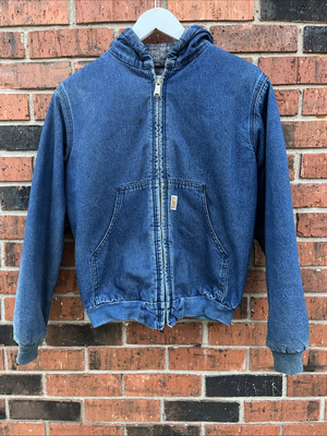 Vintage Carhartt Jacket YOUTH L Blue Denim Blanket Lined Hooded