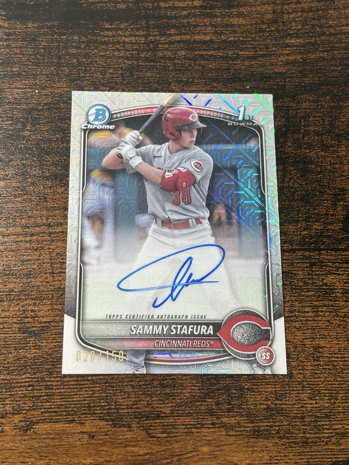 Sammy Stafura Bowman 1st Auto HTA Choice /150 2025 Bowman Chrome #CPA-SS RC Reds