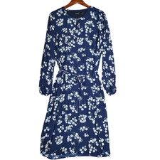 Lauren Ralph Lauren Midi Dress Women's 14 Navy White Floral Puff Sleeve Belted