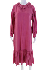 Doen Womens Silk Long Sleeve Ruffle Collar Solid Maxi Dress Pink Size S
