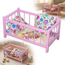 Lit poupée bois rose + matelas + loups – jouet enfant