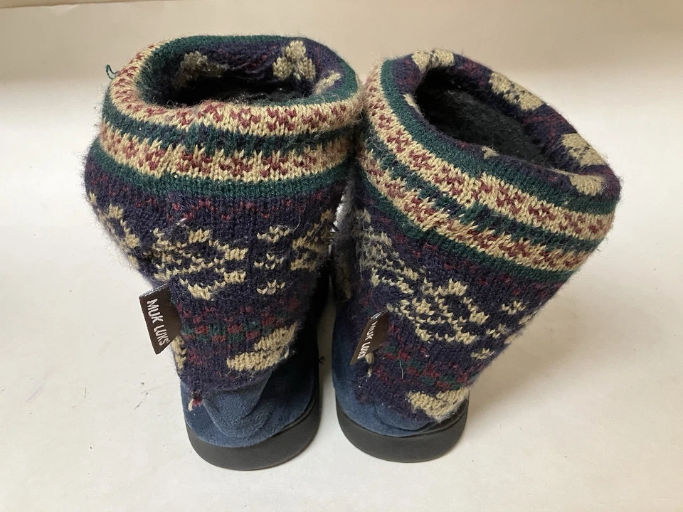 MUK LUKS Women's Medium 7-8 Knit Slipper Booties Blue Faux Fur Trim - Image 2 of 4