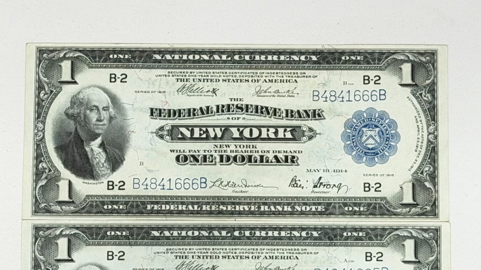 LOT OF 3 1918 $1 New York Federal Reserve Bank Notes CONSECUTIVE SERIALS UNC AU - Image 3 of 4