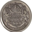 1945 Canadian Silver KGVI & National Crest 50 Cent coin.