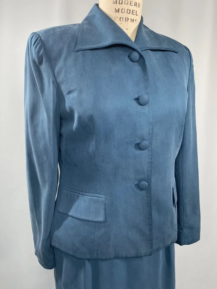 Vintage Women's SILK Skirt Suit SIZE 8 MEDIUM teal blue SAVILLE 90s does 40s - Image 3 of 4