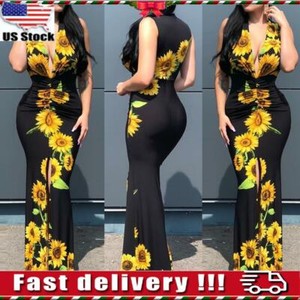 Women-Ladies-Sunflower-Print-Sleeveless-Plunge-Bodycon-Long-Maxi-Dress-Size-S-XL