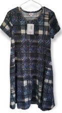 LuLaRoe Plaid Scroll Damask Small Jessie Pocket Dress Black White Tan Blue NEW!