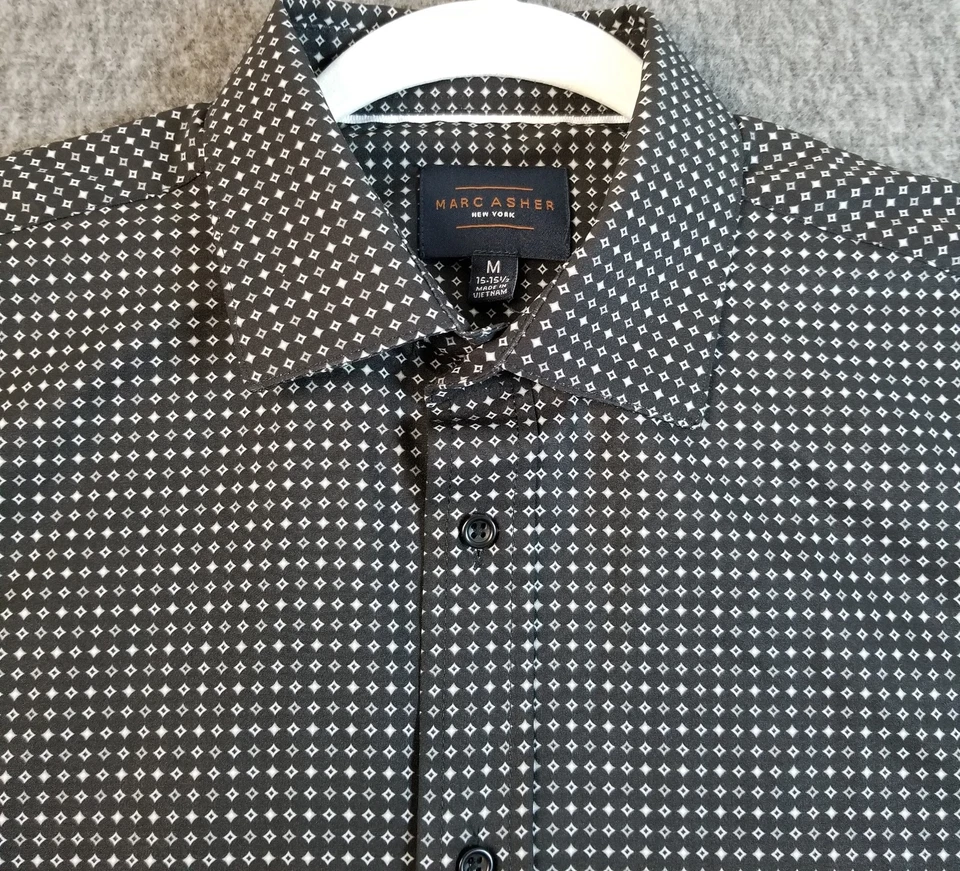 Camisa con botones Marc Asher para hombre mediana negra gris blanca geométrica mangas largas Foto 2 de 4