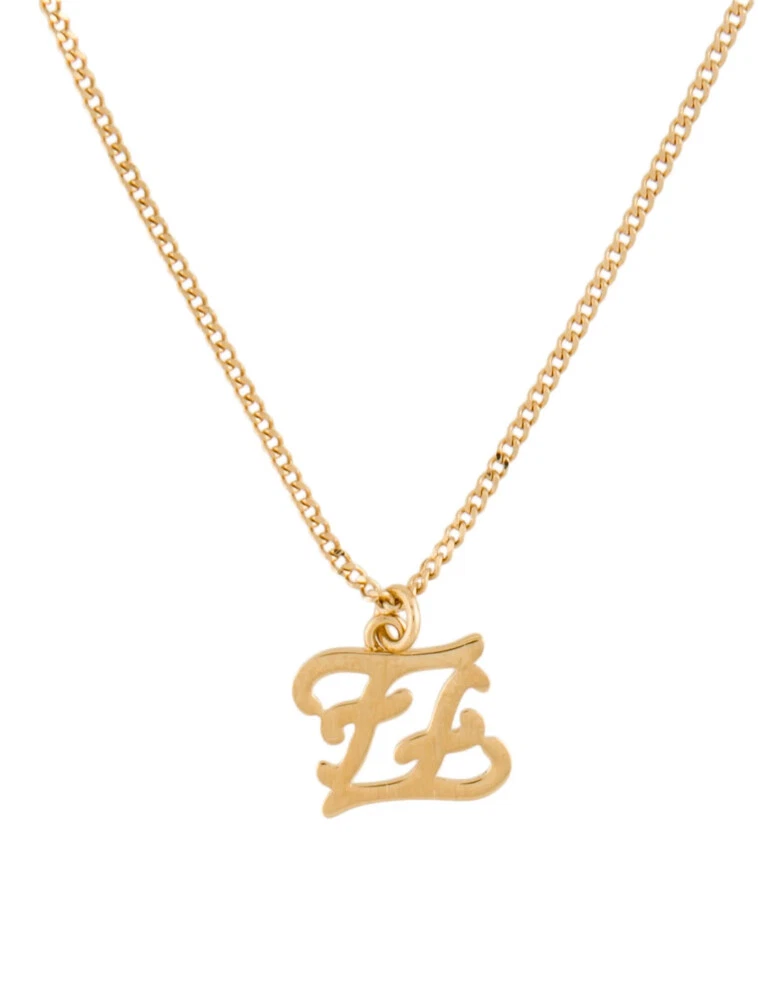 Collana con ciondolo Fendi nuova con scatola Karligraphy FF logo Zucca tono oro nuova con scatola