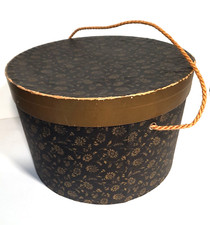 Vintage 1940's Black and Gold Floral Wallpaper Hat Box 10" Rope Handle intact
