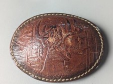 vintage WESTERN belt buckle HAND TOOLED leather BUCK deer COWBOY hunting