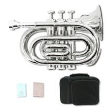 Brass Bb Pocket Trumpet Lacquer Sliver Trumpet 7C Mouthpiece, Hard Case,Strap