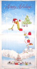 Snowman Gift Village House Town Snow Cotton Fabric Happy Holidays 24" Panel