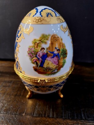 Vecceli Italy Porcelain Egg Trinket Box Hinged Blue & Gold Gilded 5''H Vintage