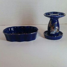 Vtg Blue Peacock Ceramic 2pc Bathroom Set Toothbrush Holder Soap Dish Japan