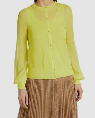 $495 Akris Punto Women Yellow Sheer Crew-Neck Long-Sleeve Cardigan Sweater SZ 10