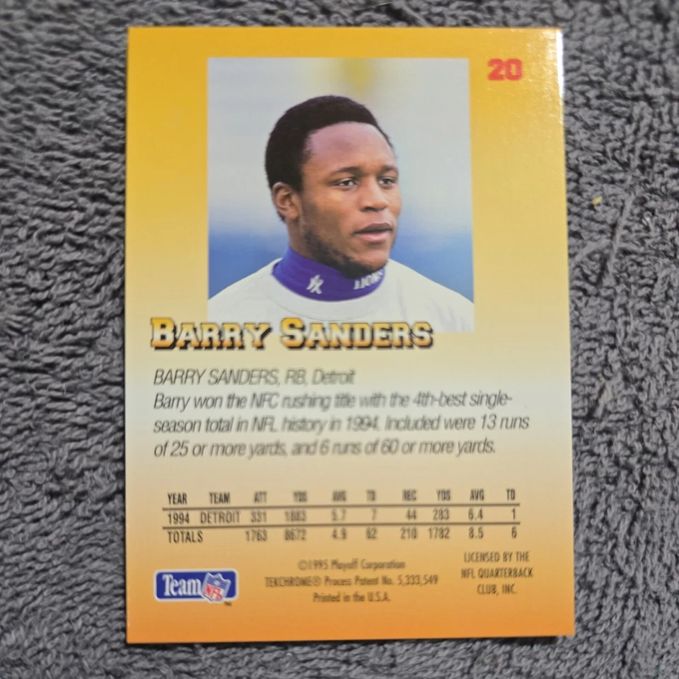 Barry Sanders 1995 Prime Playoff card #20 Detroit Lions - Image 2 of 2