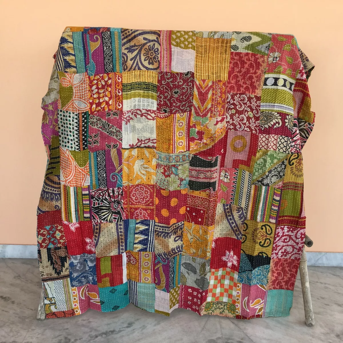 Art Kantha Twin Quilt Vintage Patchwork Reversible Blanket Cotton Bohemian Throw