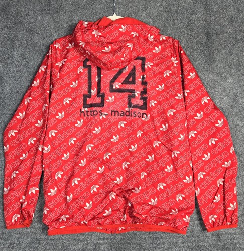 ADIDAS Hooded Windbreaker Jacket All Over Print Logo Red Youth Large\Adult Small - Picture 2 of 10