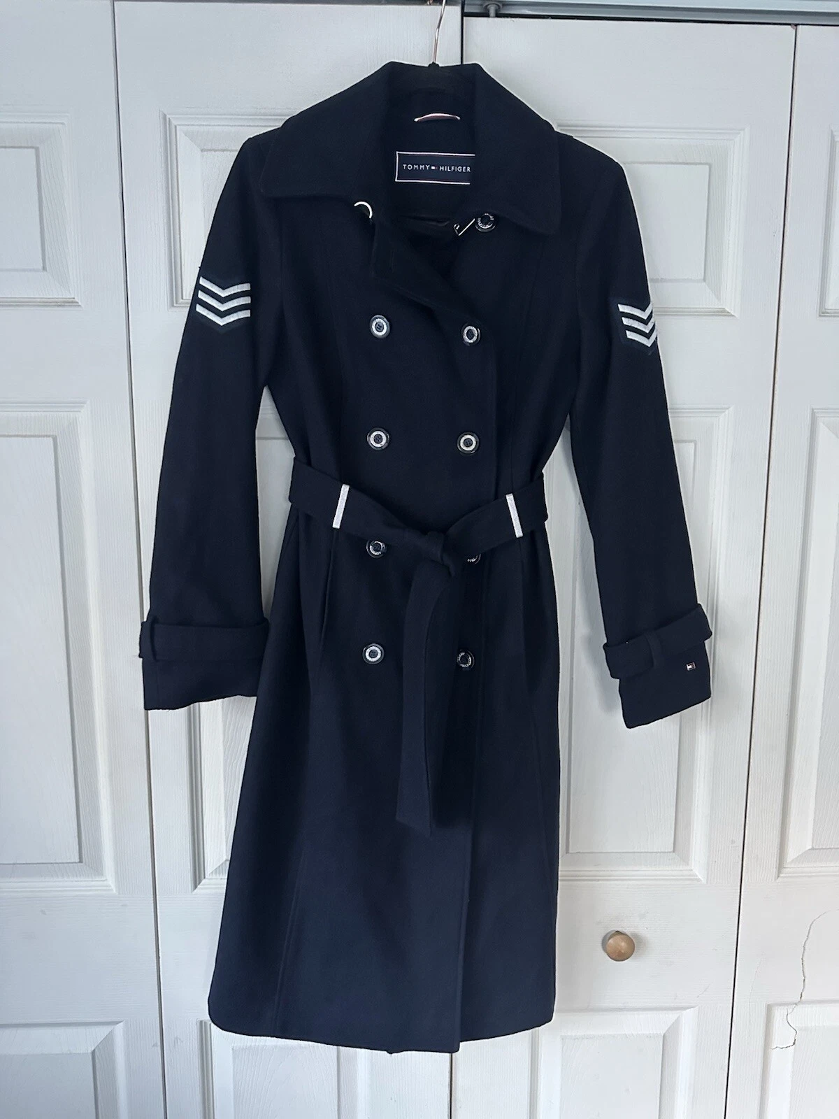 Woman’s Tommy Hilfiger Long Wool Navy Blue Belted Coat Military Patches Size XS