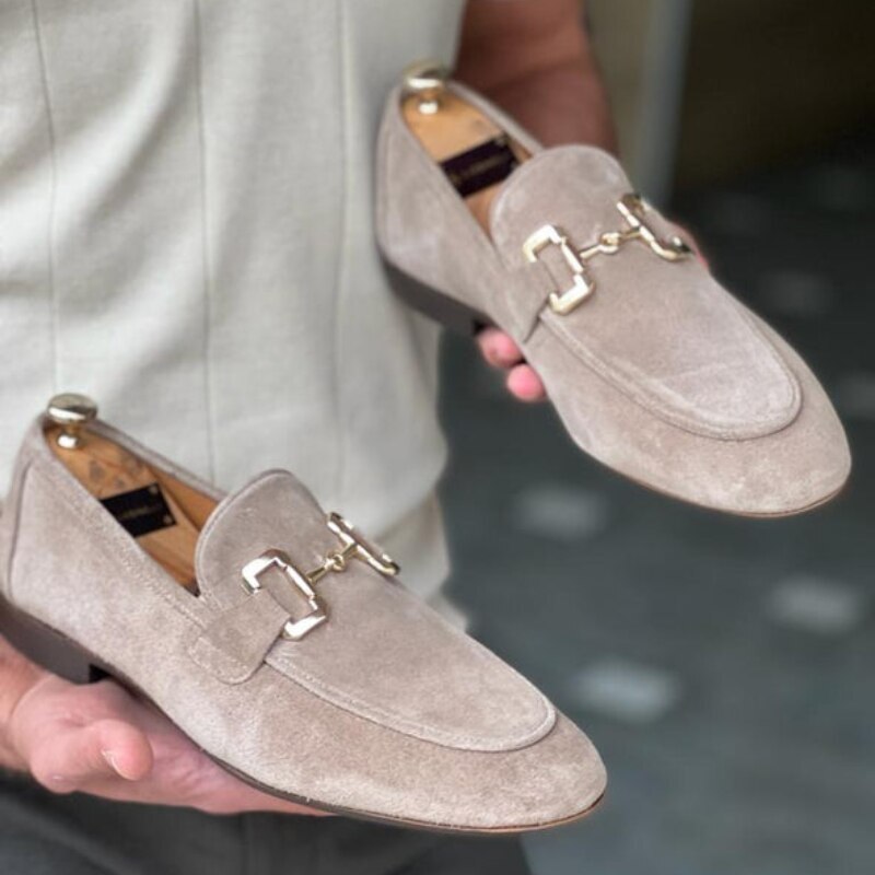 Mocasines De Ante Para Hombre Zapatos Con Punta Cuadrada Hebilla De Metal Lujo