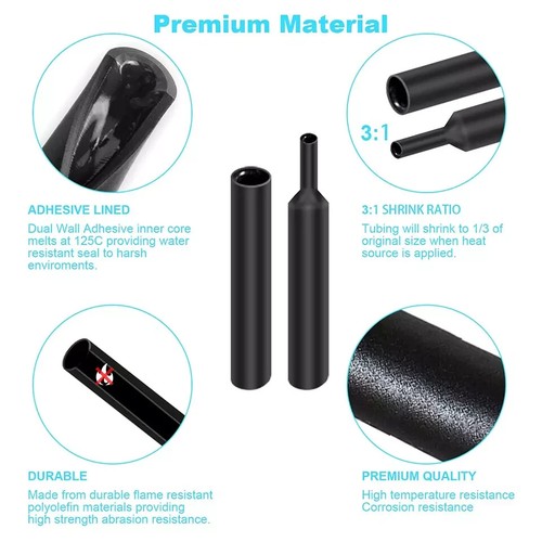 400 Pcs Wire Heat Shrink Tubing Kit With Adhesive Lined 3:1 Marine Grade Black - Picture 2 of 7