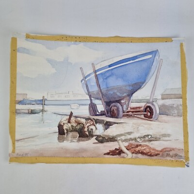 Margaret J Pleasance Aquarell Studie Boot Slipway signiert mit Initialen