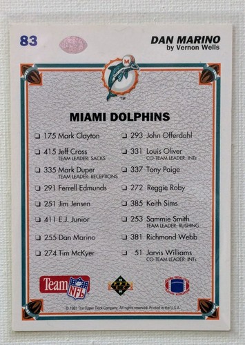 1991 Upper Deck - Dan Marino #83 - Picture 2 of 2