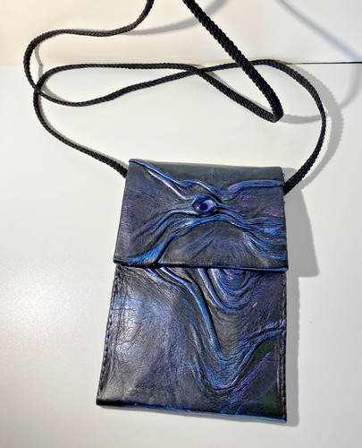 Black Blue Leather Fantasy Glass Eye Pouch Purse Handmade Art Wendy Ellertson