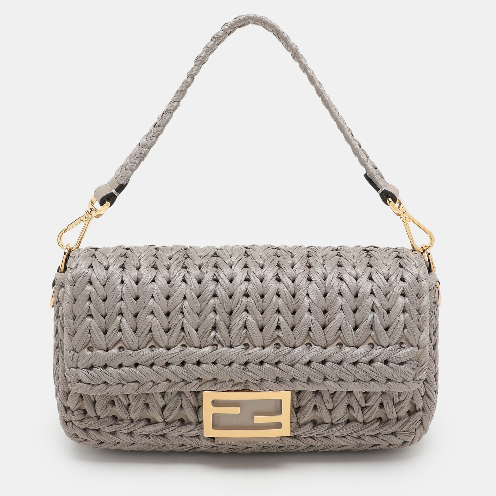 Fendi Grey Raffia and Leather Baguette Shoulder Bag