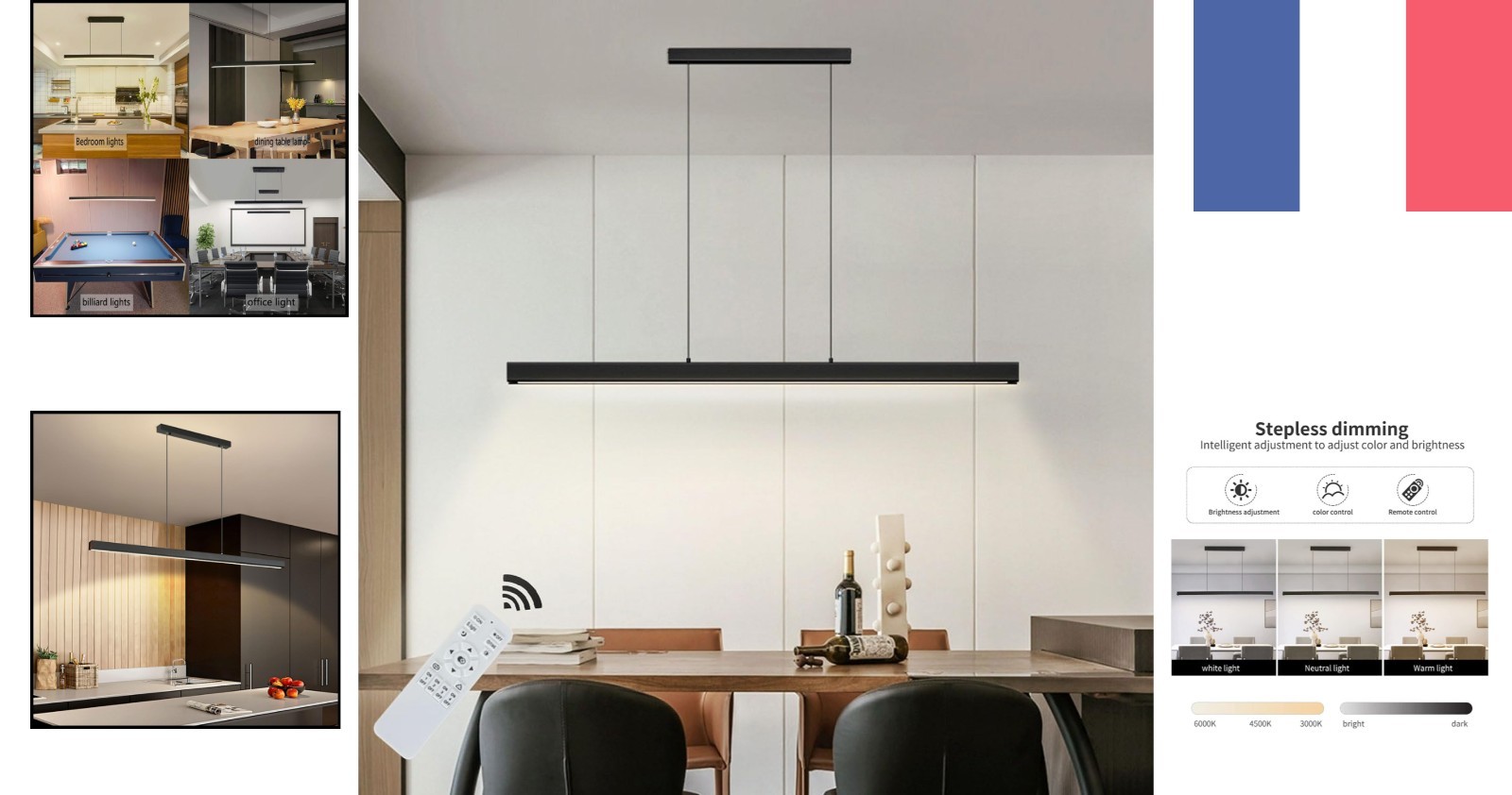 Éclairage Suspendu Noir LED 36W Dimmable avec Télécommande Luminaire